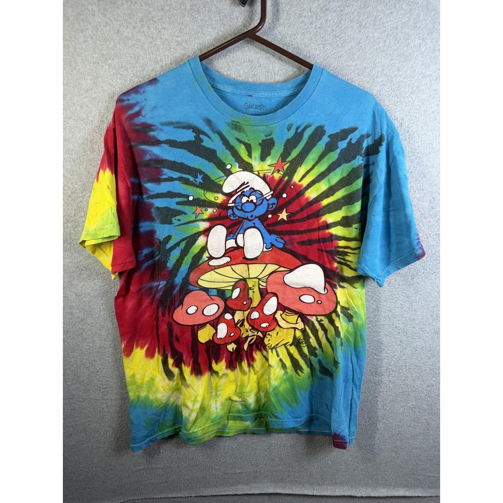 The Smurfs Shirt Mens Medium Multicolor Tie Dye Mushroom Graphic Tee Cartoon